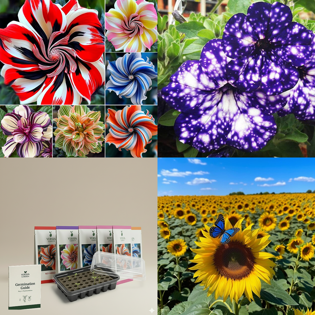 The Plus kit -20 Hibiscus seeds + 20 Giant Sunflower seeds + 20 Galaxy Petunia seeds